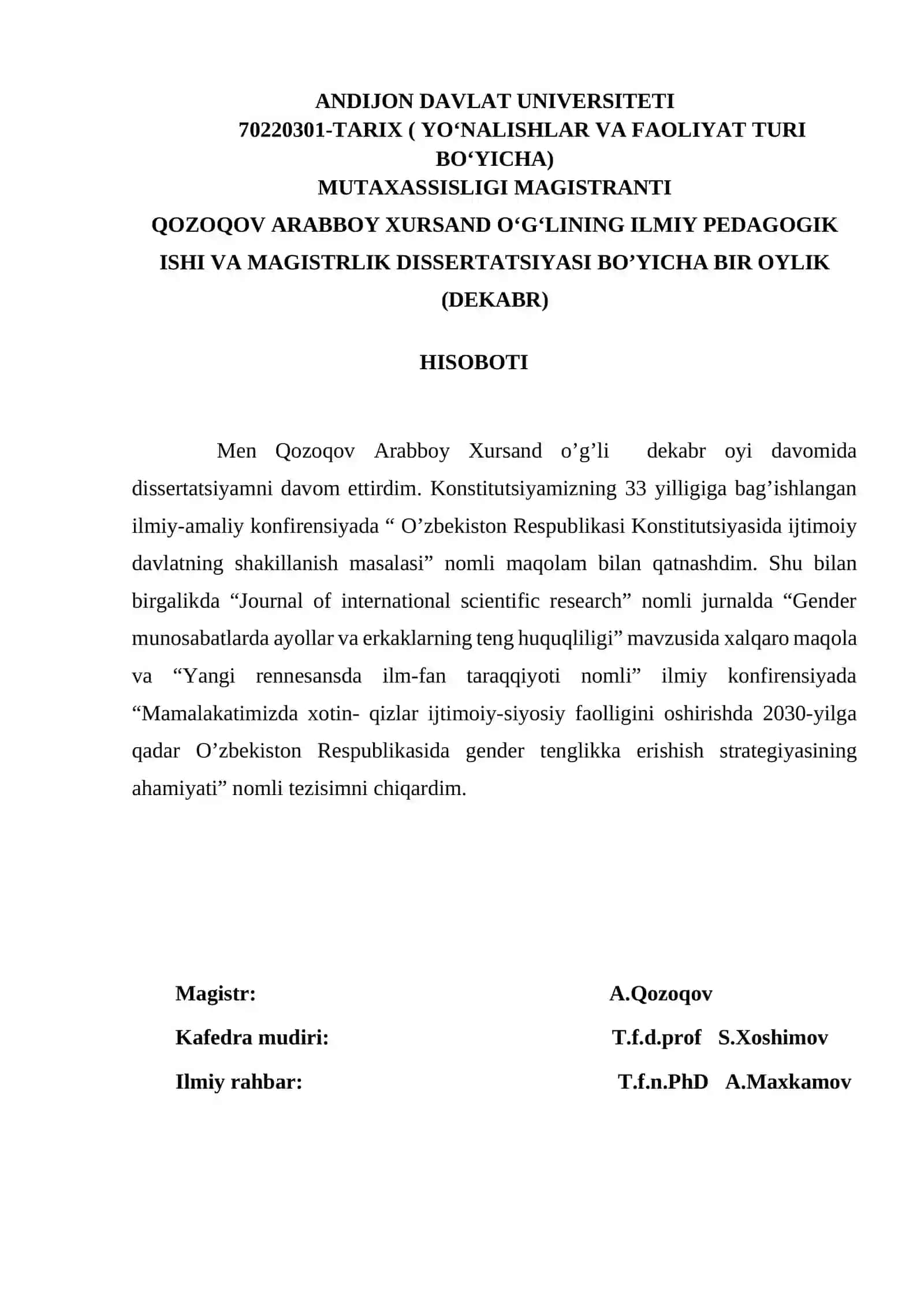 ILMIY PEDAGOGIK ISHI VA MAGISTRLIK DISSERTATSIYASI BO’YICHA BIR OYLIK (SENTABR) HISOBOTI 4