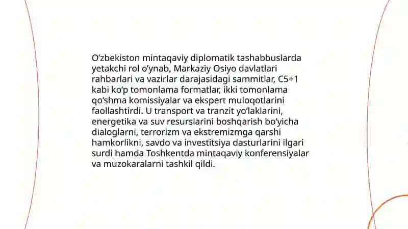 O’zbekistonning Markaziy Osiyoda tinchlik va barqarorlikni taminlashdagi o’rni 4