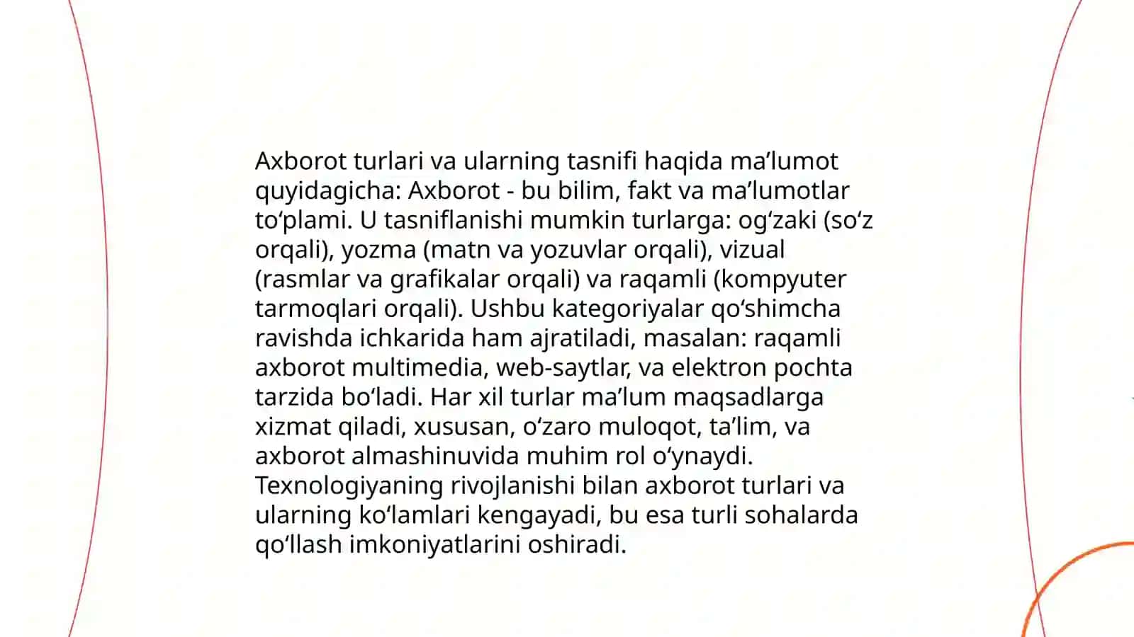 Axborot nazariyasi, axborot turlari, xususiyatlari va oʻlchov birliklari 4