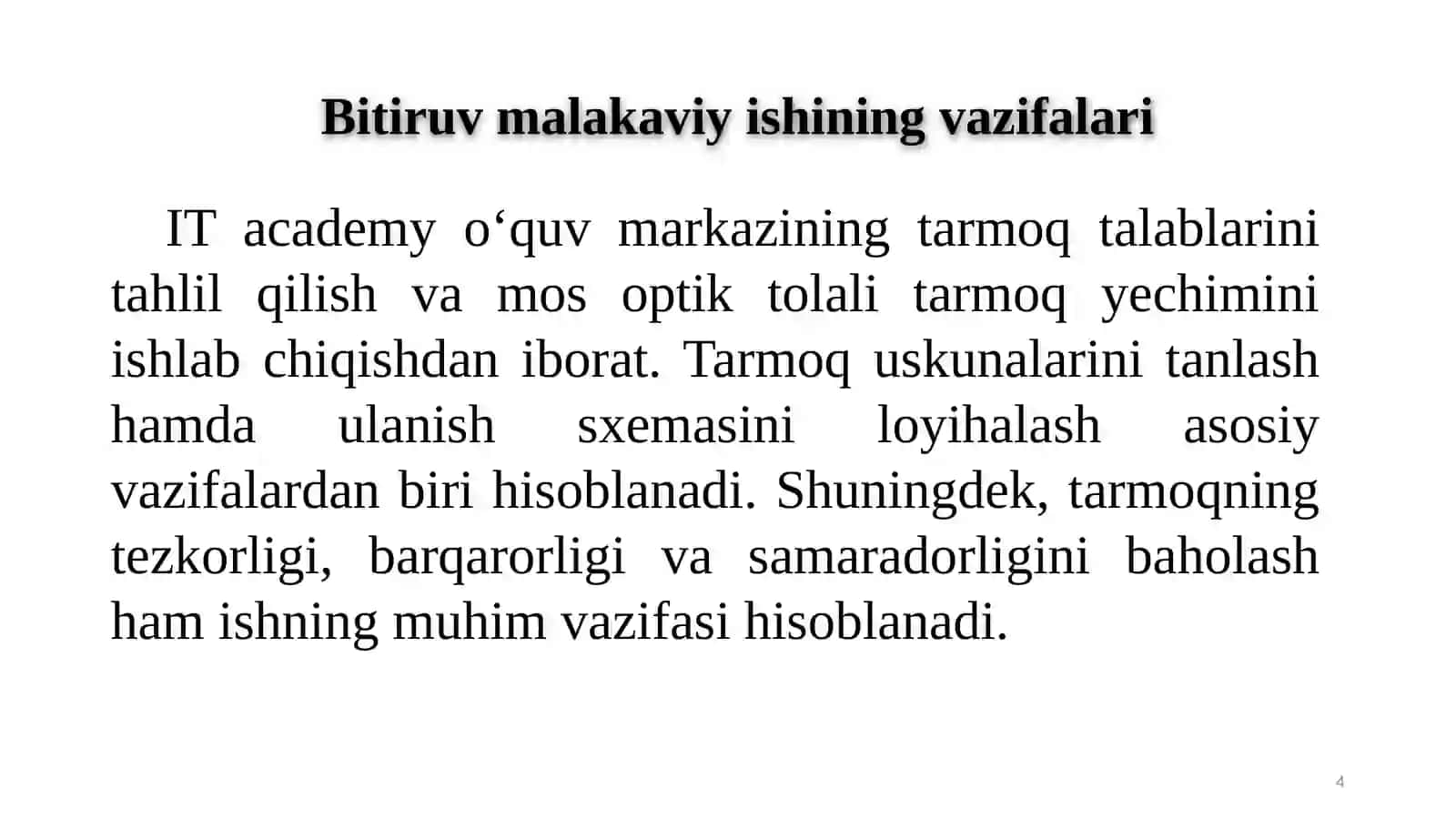 IT academy o'quv markazi uchun keng polosali optik tolali tarmoq infratuzilmasini loyihalash va uning samaradorligini baholash 4