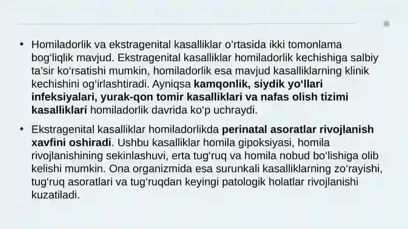 Homiladorlik va ekstragenital kasalliklar kamqonlik siydik yo’li infeksiyasi yurak qon tomir va nafas olish tizimi bilan bog’liq kasalligini boshqarish 4