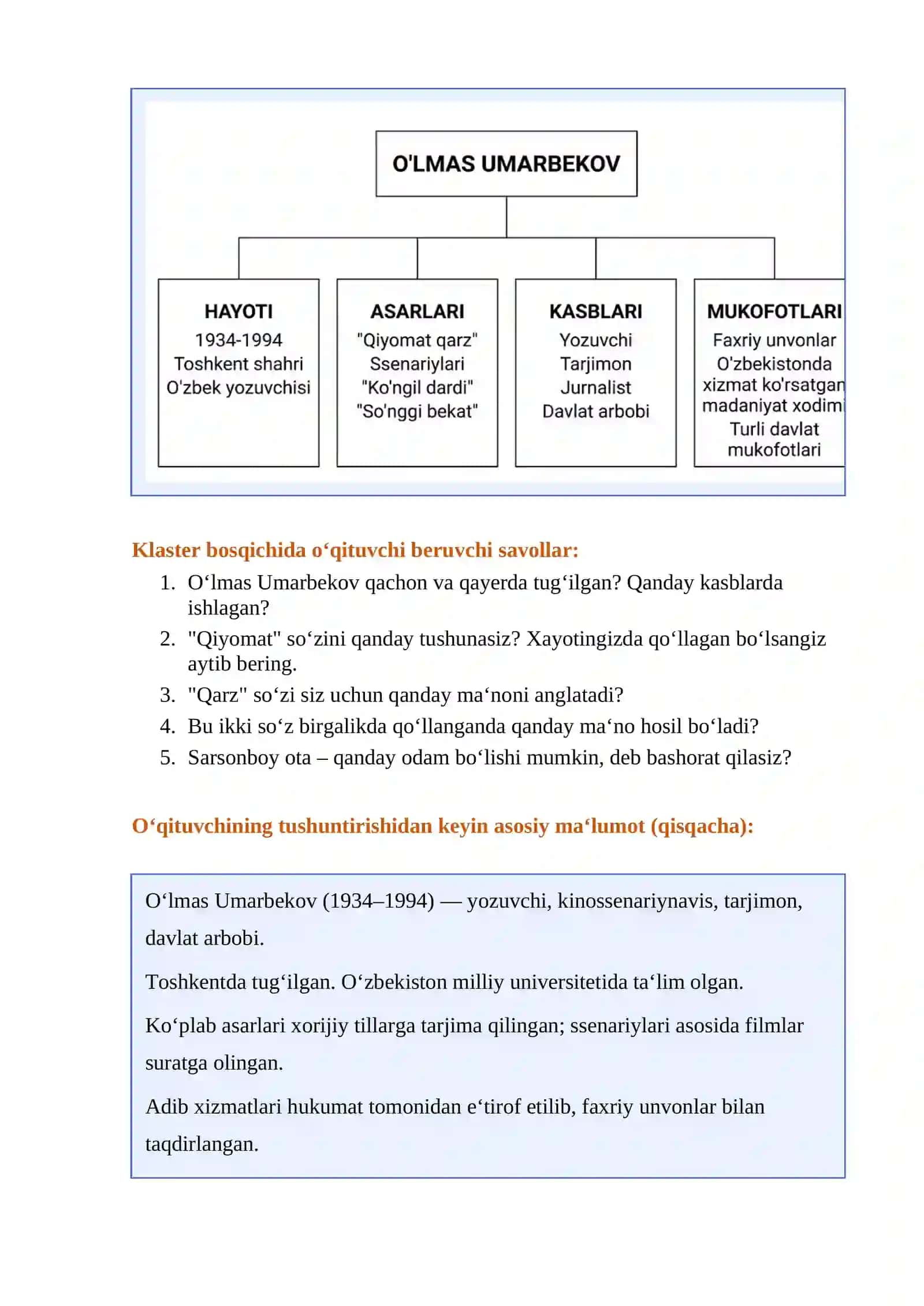 O‘lmas Umarbekov. “Qiyomat qarz” hikoyasi            O‘lmas Umarbekov “Qiyomat Qarz” DARS ISHLANMASi 4