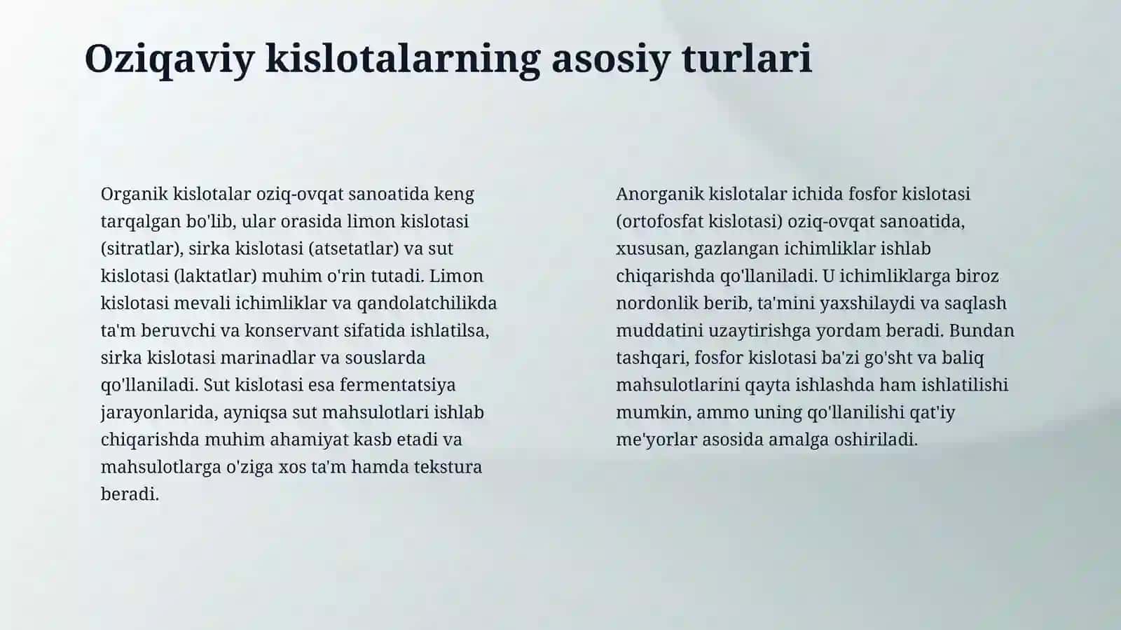 Oziqaviy kislotalar va ularning oziq ovqat sanoatidagi o'rni 4