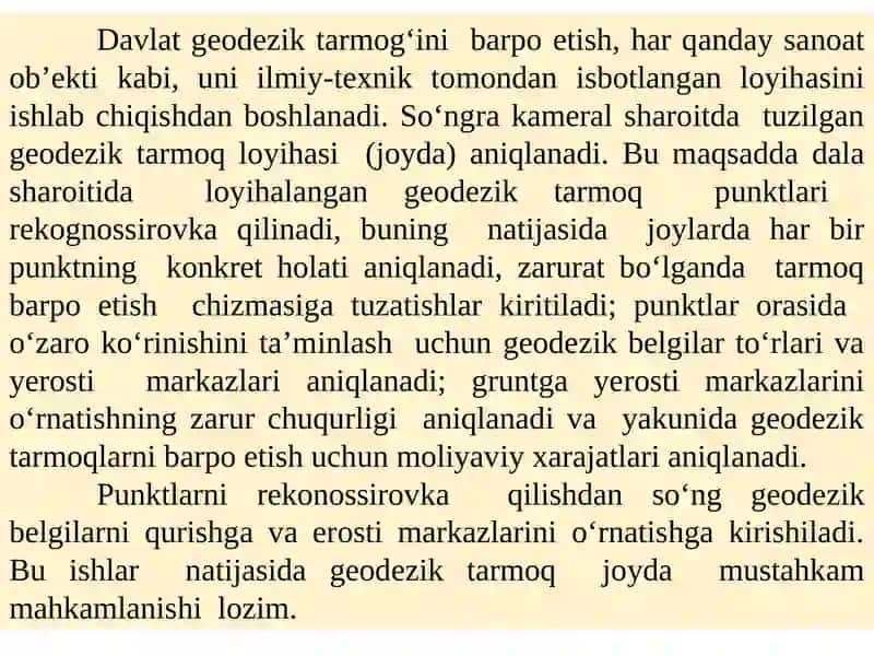 Asosiy geodezik ishlarni bajarish ketma – ketligi, geodezik to‘rlarini loyihalash 4