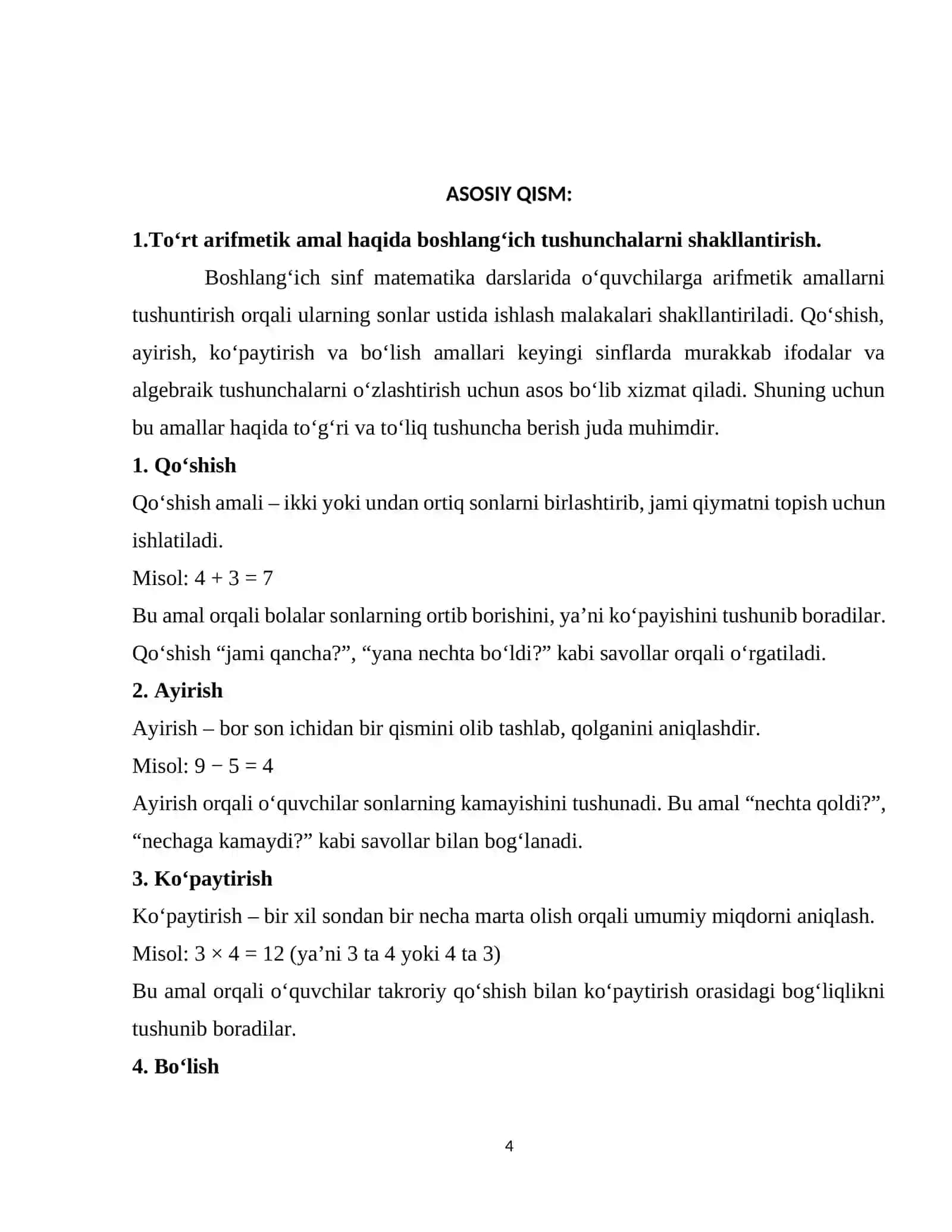 Boshlang'ich sinf o'quvcilarini to'rt amal va ularning bajarilish tartibini bajarishga o'rgatish metodikasi 4