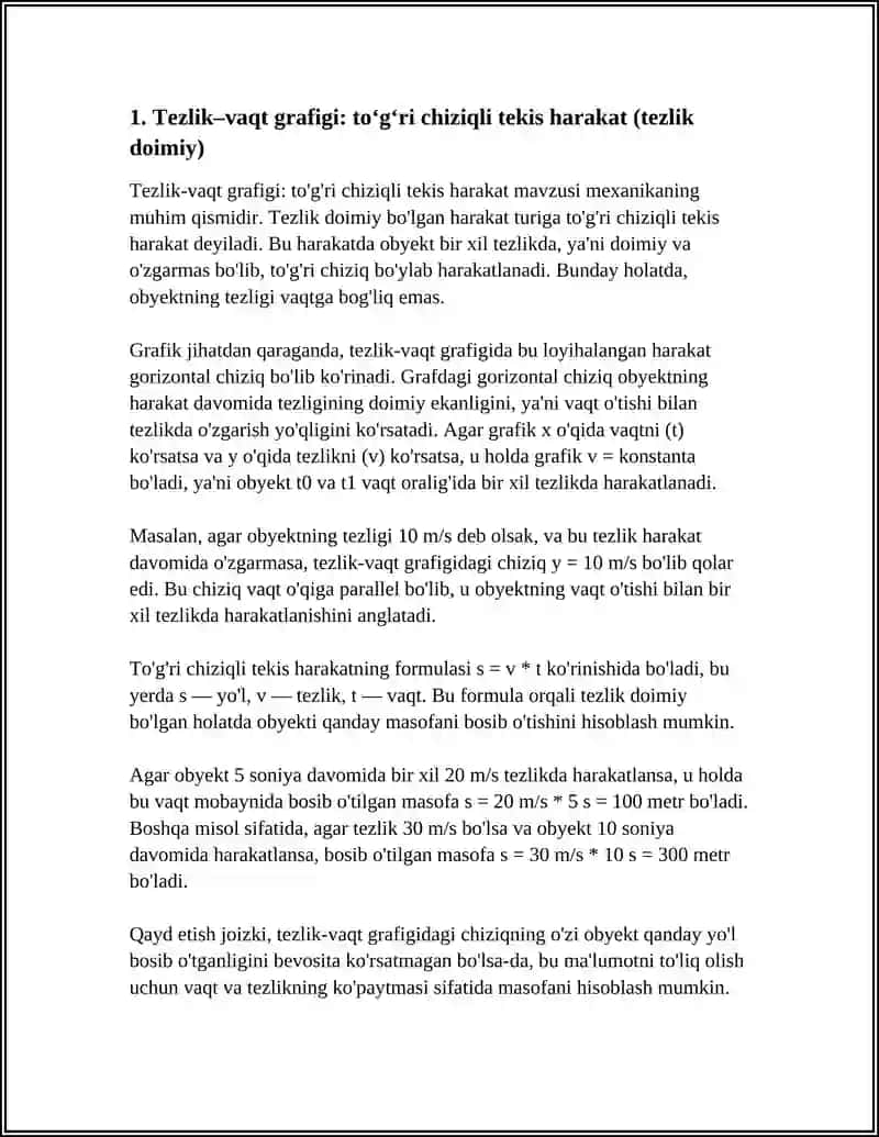TO'G'RI CHIZIQLI TEKIS VA NOTEKIS HARAKATLAR UCHUN HARAKATNING TEZLIGINI VA TEZLANISHNING GRAFIKLARI 4