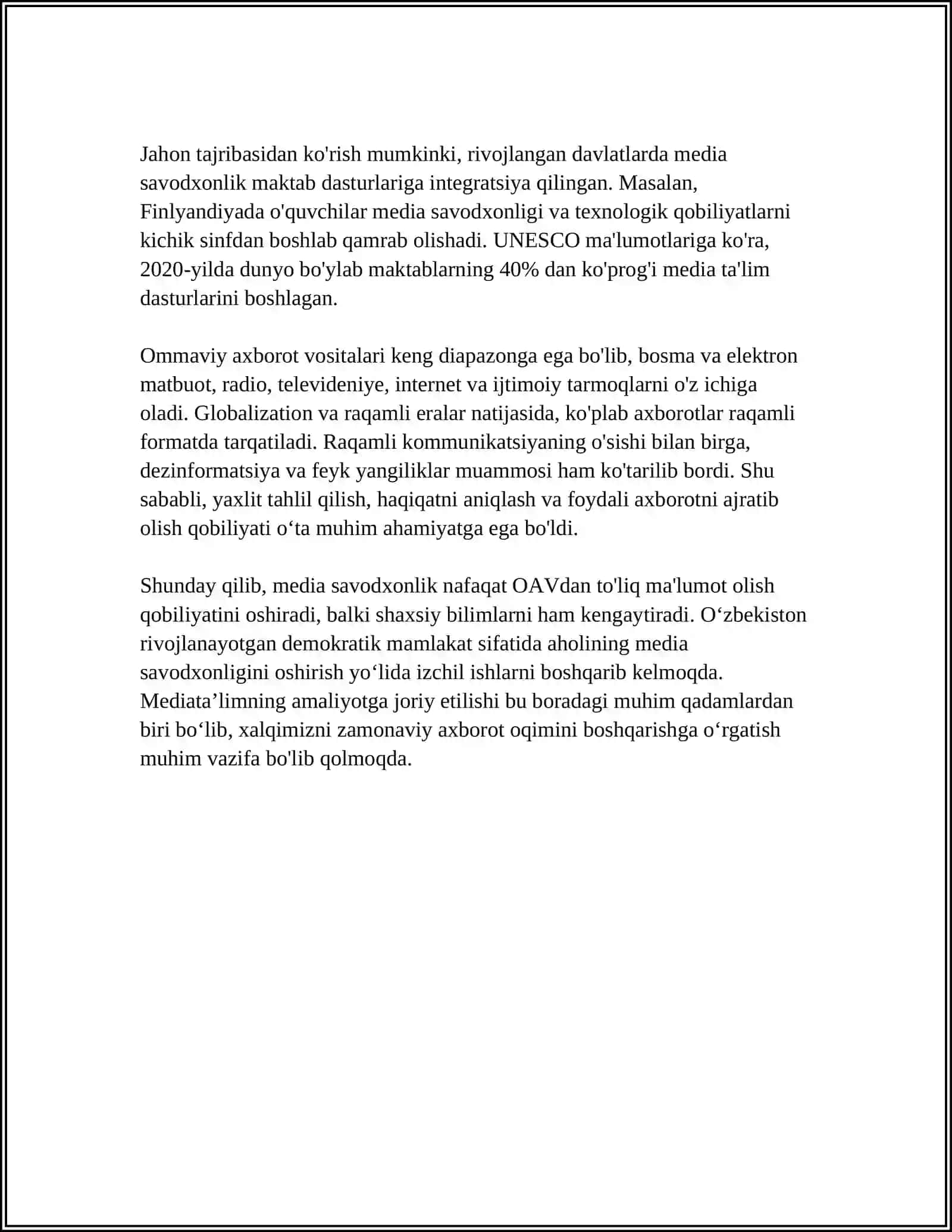 YANGI O'ZBEKISTONDA "MEDIA SAVODXONLIK VA AXBOROT MADANIYATI" FANINING ÒRNI VA AHAMIYATI 4