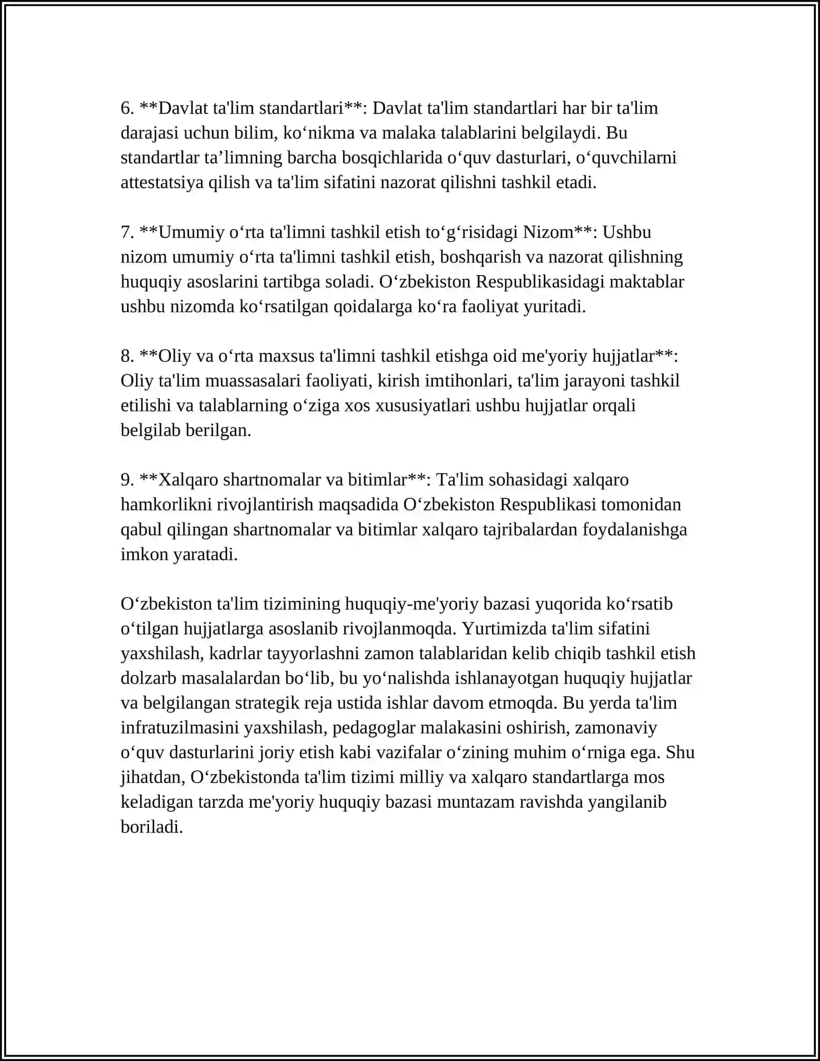 O‘zbekistonda ta'lim tizimini modernizatsiyalash jarayonlari. Ta'lim tizimining huquqiy-me'yoriy asoslari 4