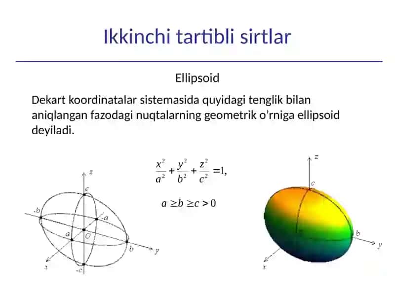 Sfera, Ellipsoid, Giperboloid, Paraboloid,  Konus, Silindrik sirt, Aylanma sirt.  Sirtlarning kanonik tenglamasi. Markaziy va nomarkaziy sirtlar. 4