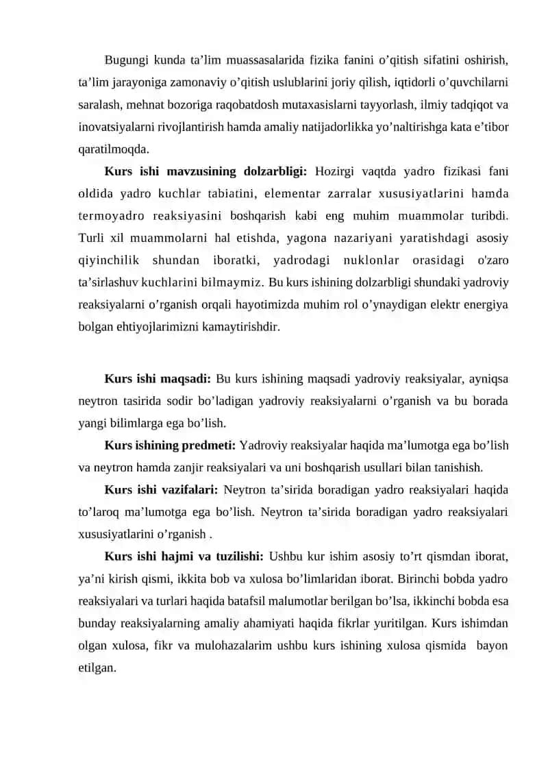 Neytronlar ta’sirida bo’ladigan yadro reaksiyalari. KURS ISHI 4