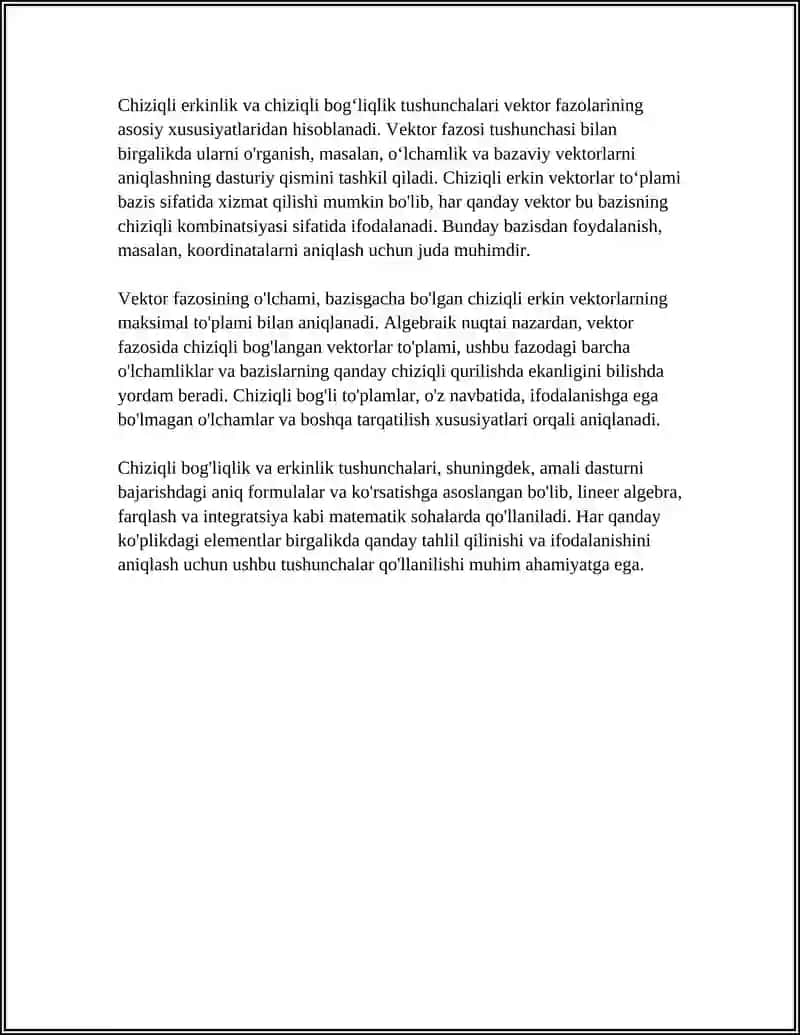 CHIZIQLI BOG'LIQ VA CHIZIQLI ERKLI VEKTORLAR VA ULARNING XOSSALARI 4
