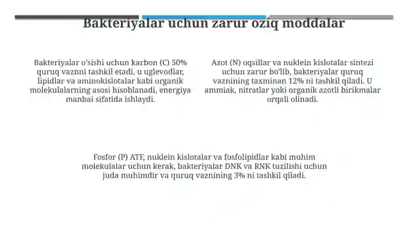 Bakteriyalar fiziologiyasi.Oziq moddalari.Bakteriyalar sof kulturasini ajratib olish usullari 4