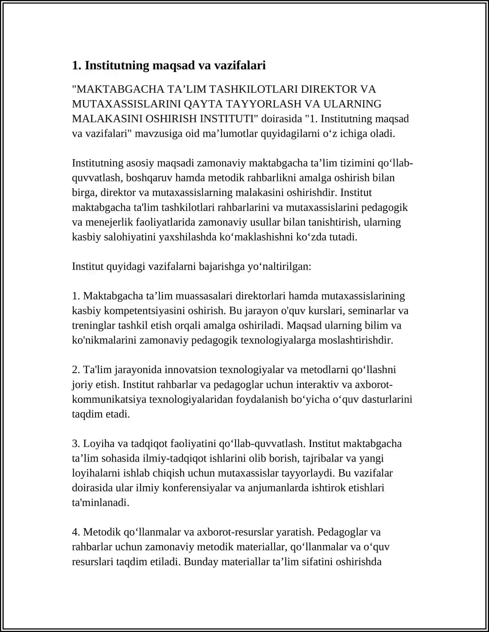 MAKTABGACHA TA’LIM TASHKILOTLARI DIREKTOR VA MUTAXASSISLARINI QAYTA TAYYORLASH VA ULARNING MALAKASINI OSHIRISH INSTITUTI 4