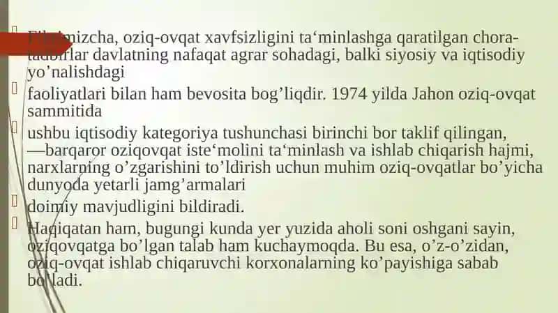 Oziq-ovqatxavfsizligini taminlashning o’ziga xos xususiyatlari 4