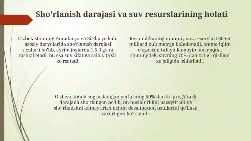 O'zbekistonda sho'rlangan suvni chuchuklashtirish: Zaruriyat, imkoniyatlar va texnologiyalar 4