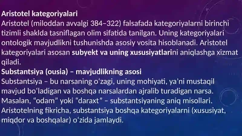 Aristotel, Forobiy va Kant ontologiyasida kategoriyalar tasnifini qiyosiy tahlil etish va farqlarini aniqlash 4