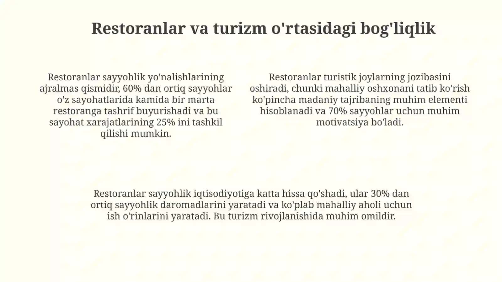 Turizm sohasida restoranlar o'qatlarini tashkil etuvchi sohasi 4