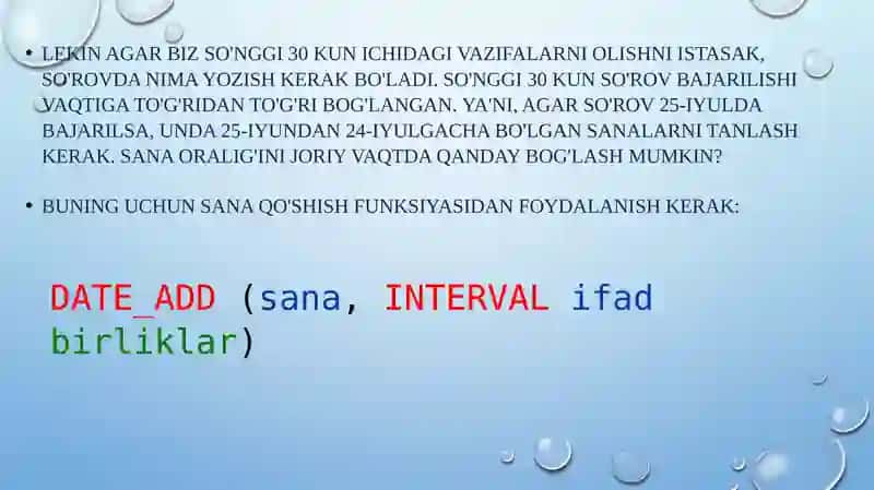 SQL da Sanabilanishlash funksiyalari 4