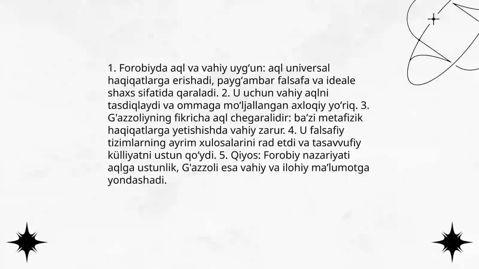 Abu Nasr Forobiy va G'azzoliyning falsafa ilmiga oid garashlarini qiyosiy tahlil etish 4