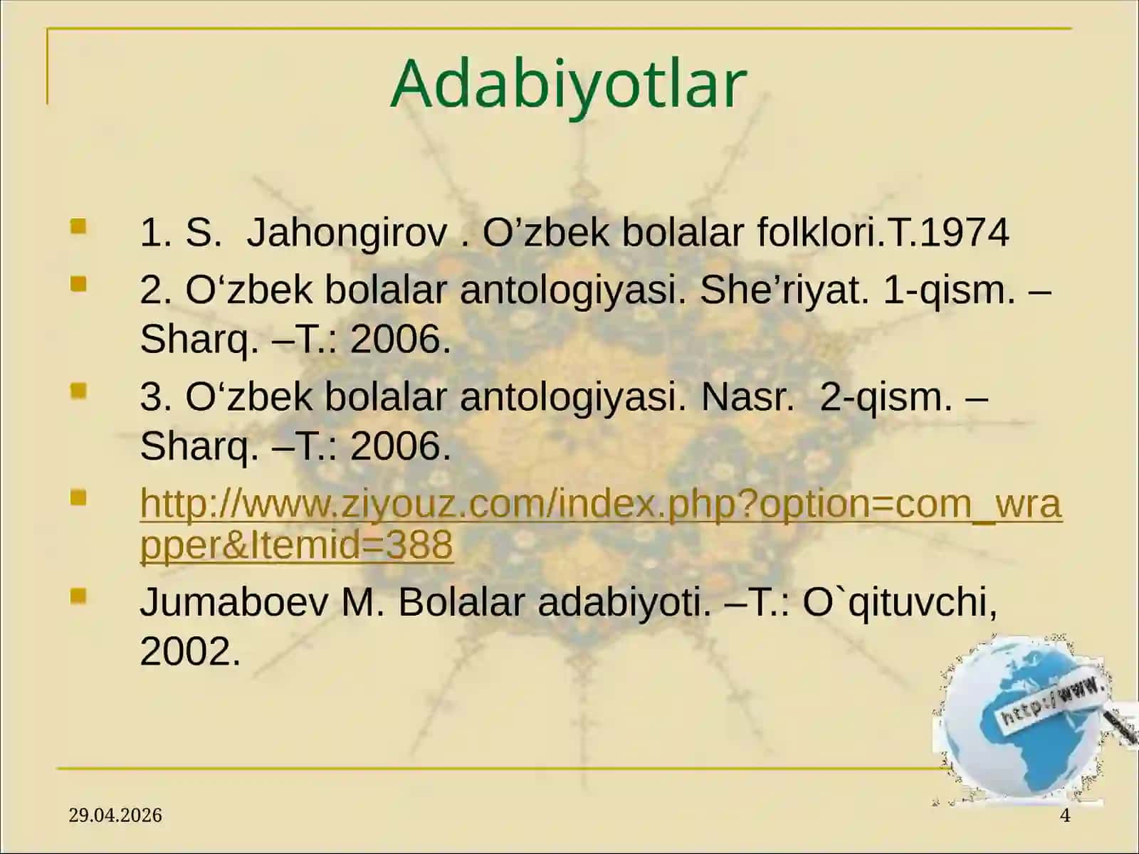 Boshlang‘ich ta’lim nazariyasi va metodikasi bolalar adabiyoti fani 4