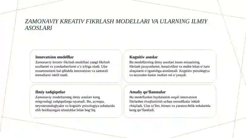 Kreativ fikrlash yo’nalishidagi nazariy qarashlar va amaliy tadqiqotlar 4