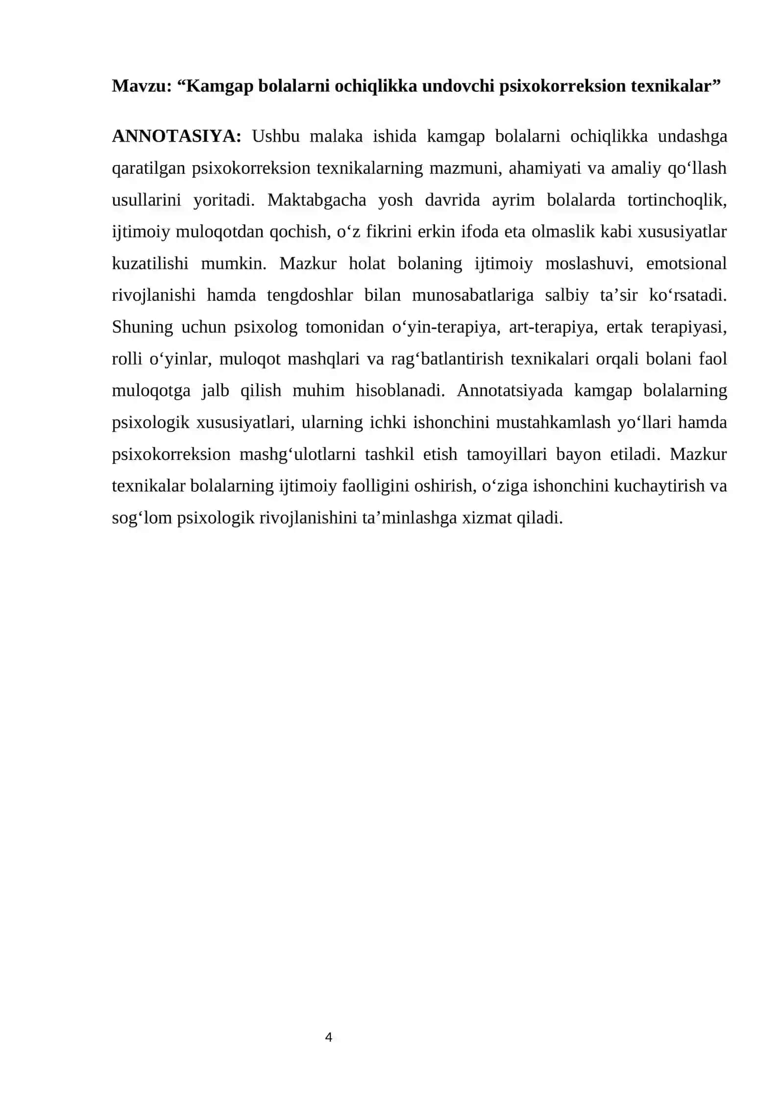 Kamgap bolalarni ochiqlikka undovchi psixokorreksion texnikalar 4