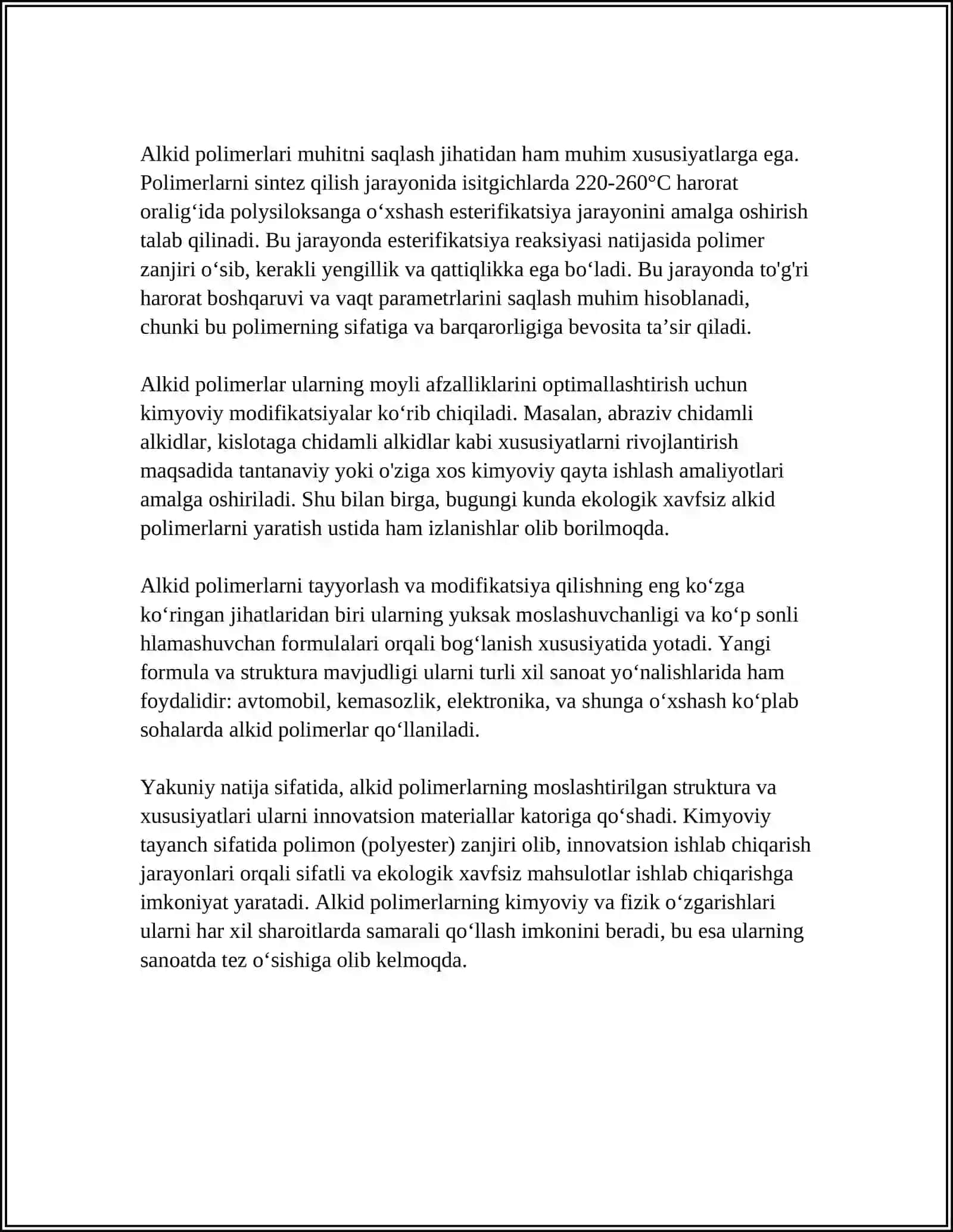 ALKID POLIMERLARINING FIZIK KIMYOVIY XOSSALARI VA BUGUNGI KUNDAGI TALABI 4