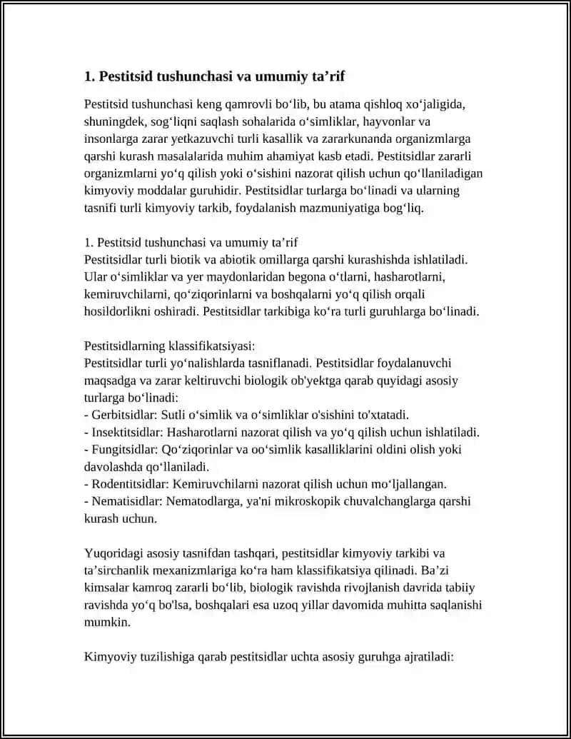 PESTITSID TUSHUNCHASI NIMA, PESTITSID TURLARI, TASNIFI, TAFSIFI, OʻTKIR VA SURUNKALI ZAHARLANISHNI ANIQLASH VA ANIQLASH UCHUN QOʻYILADIGAN TALABLARNING USULLARI, XLOR ORGANIK, FOSFOR ORGANIK VA PERITROID PESTITSIDLAR 4