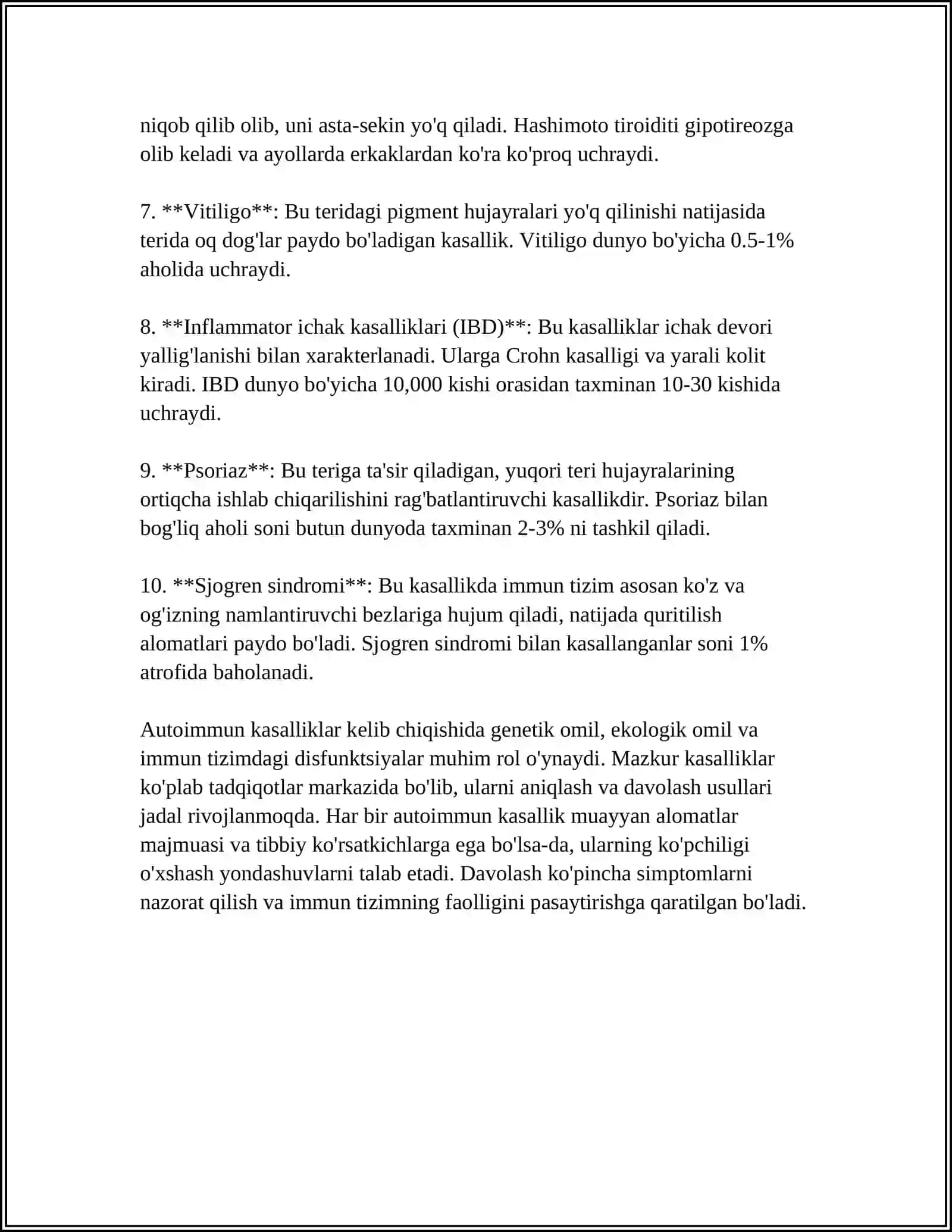 IMMUNOLOGIK TOLERANTLIK NUQSONLARI. AUTOIMMUN XASTALIKLARI HAQIDA 4