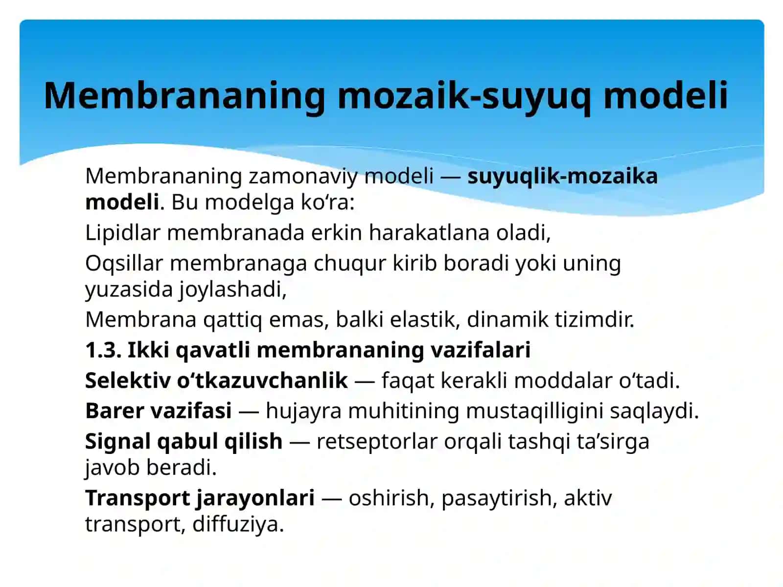 Ikki qavatli lipid membranalar. Bir va ikki qavatli su'niy membranalar. 4
