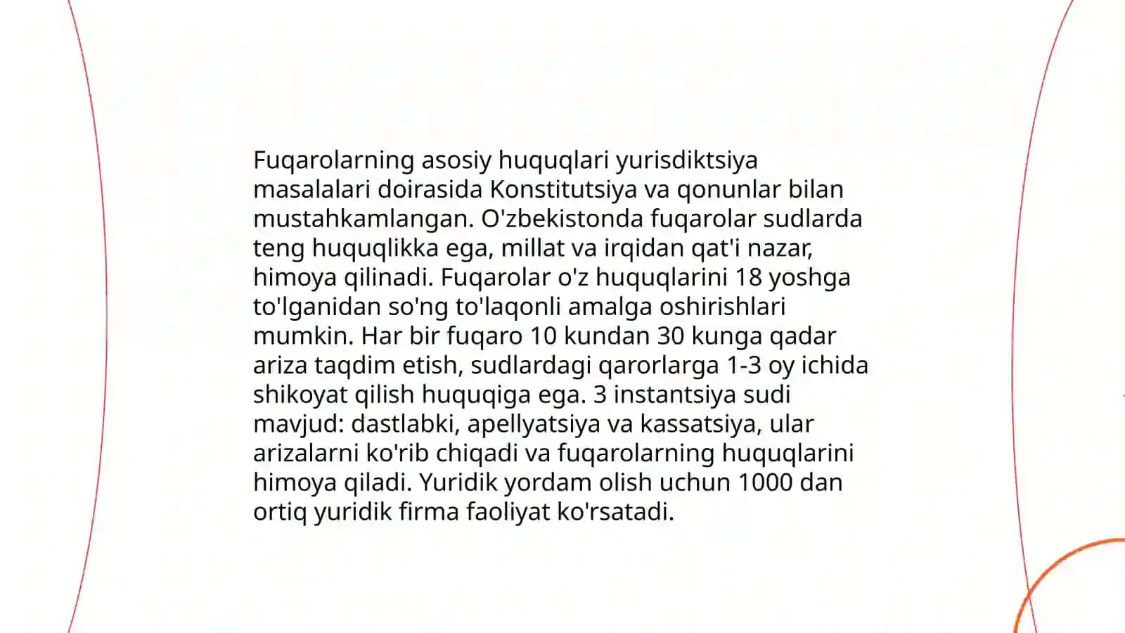 Inson va fuqarolarning huquq va burchlari buzilganligi haqida vaziyatni qonuniy asoslar bilan ochish 4