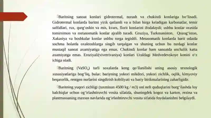 Barit rudalarni boyitish texnologiyasi,baritning qo'llanilishi 4