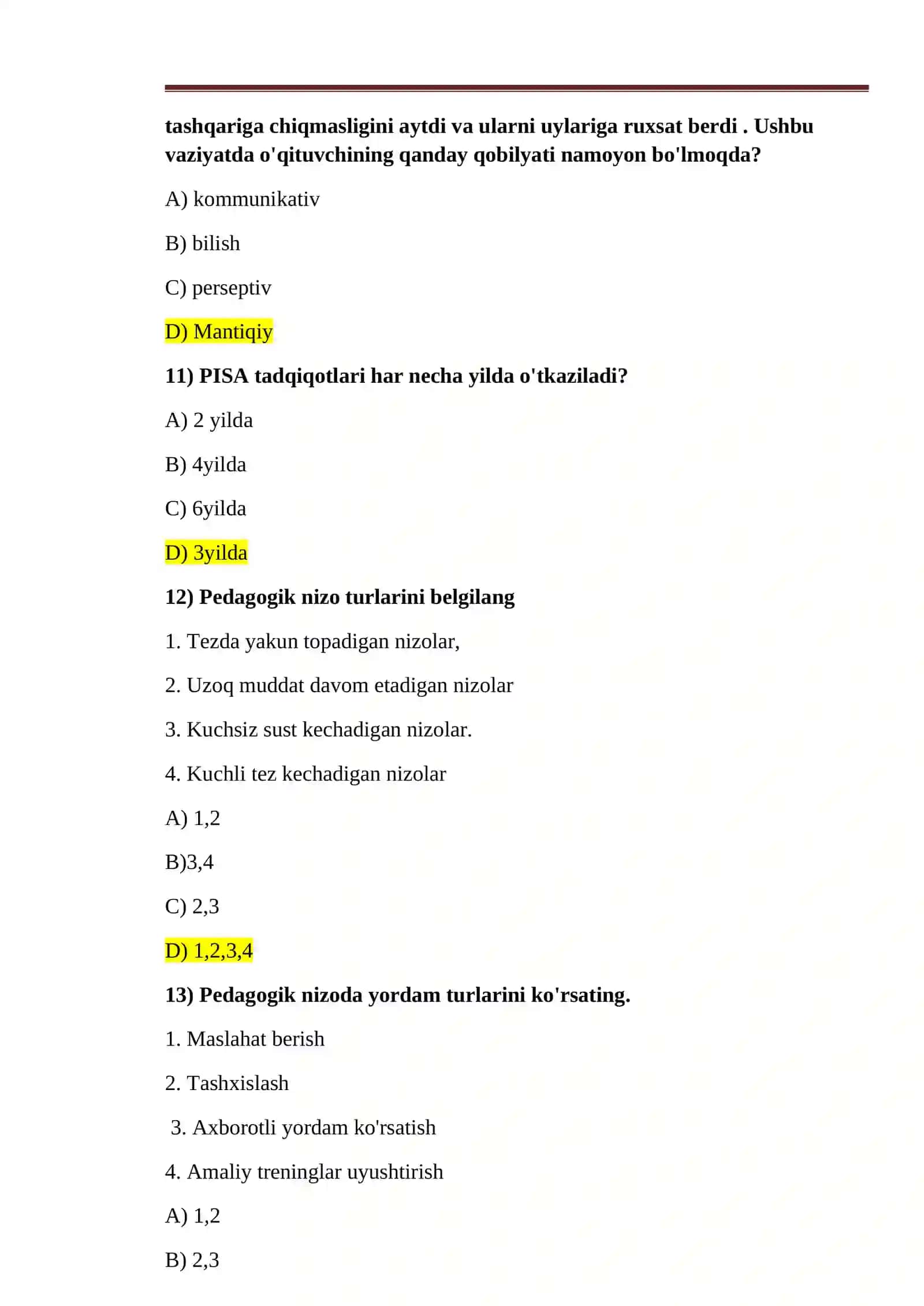 2026 yil attestatsiyaga toyfaga tushgan pedagogik mahoratdan testlar 4
