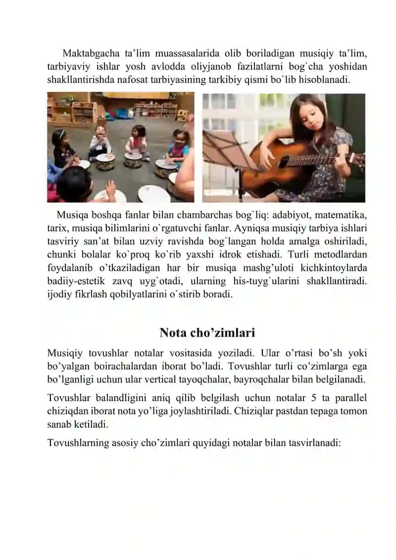 Bolalar hayotida musiqaning roli, nota cho'zimlari va ularning sanalishi 4
