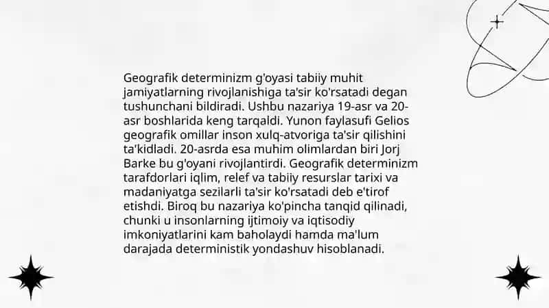 Xulq-atvor geografiyasi, geografik diterminizm, possibilizm, envayronmentalizm tushunshalari 4