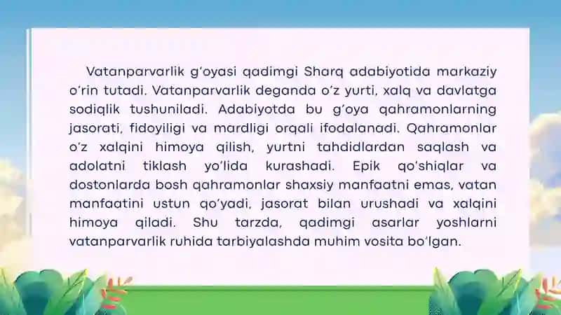 ENG QADIMGI SHARQ ADABIYOTIDA VATANPARVARLIK GʻOYALARI 4
