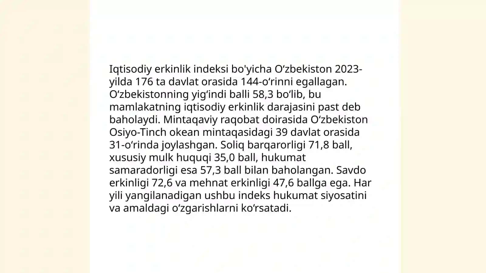 Yangi Oʻzbekiston ijtimoiy-siyosiy, iqtisodiy va madaniy hayotida roʻy berayotgan oʻzgarishlarning xalqaro reyting va indekslarda aks etishi 4