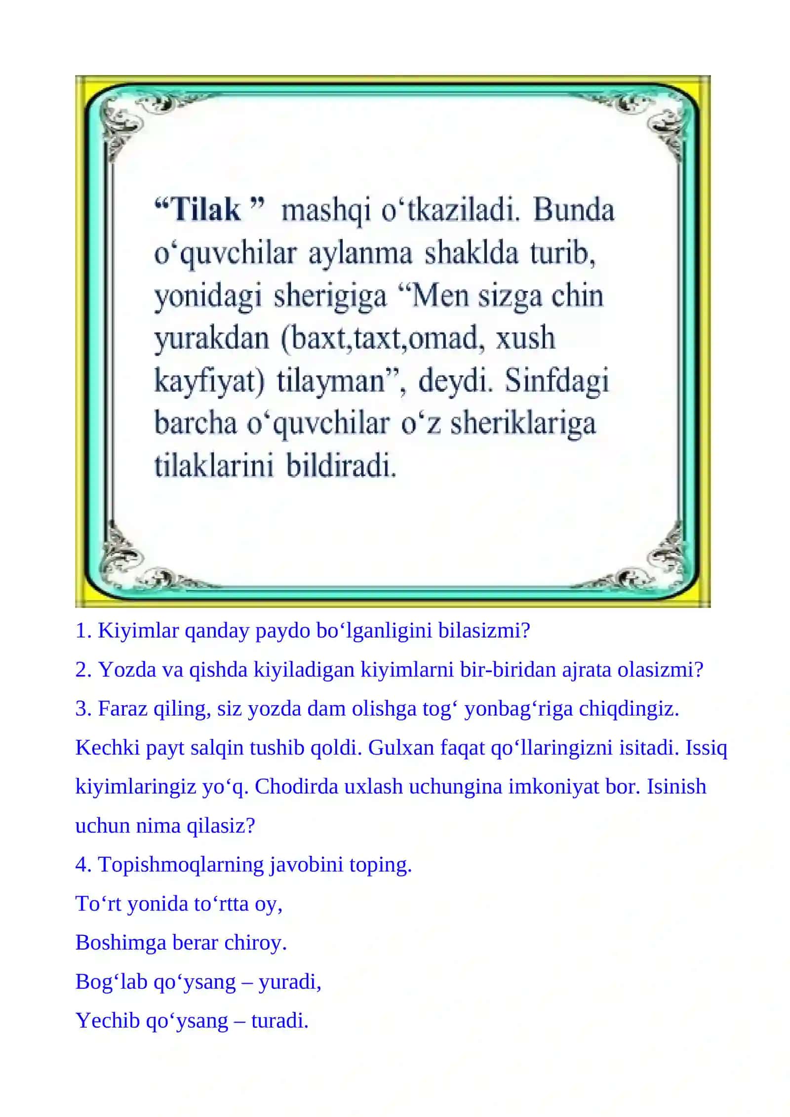 3-sinf Tarbiya fanidan Sinfdagi muhit 2-chorak uchun dars ishlanma 4