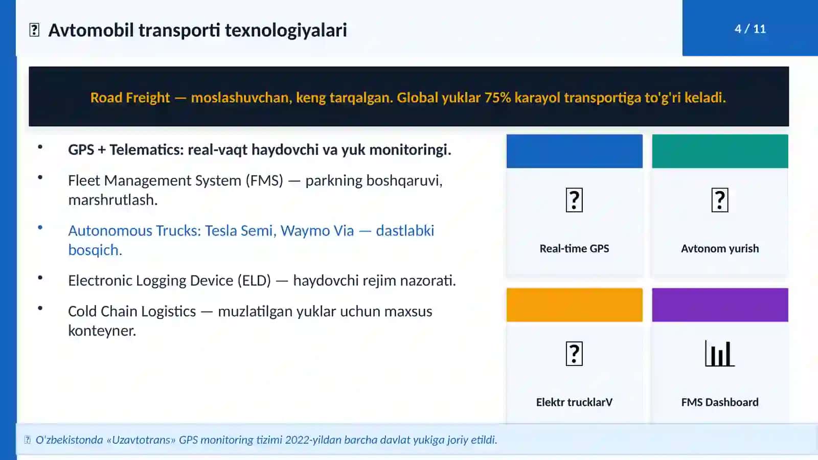 Har xil transport turlari ishtirokida tashishlarning zamonaviy texnologiyalari (Fan: Logistika) 4