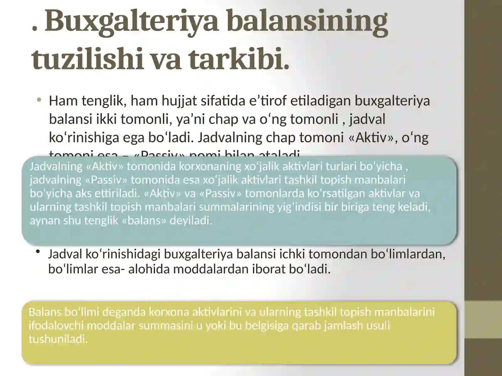 Balans moddalari va ularni o'qish tartibi. Xo’jalik jarayonlari va xo’jalik muammolari to’g’risida tushuncha 4