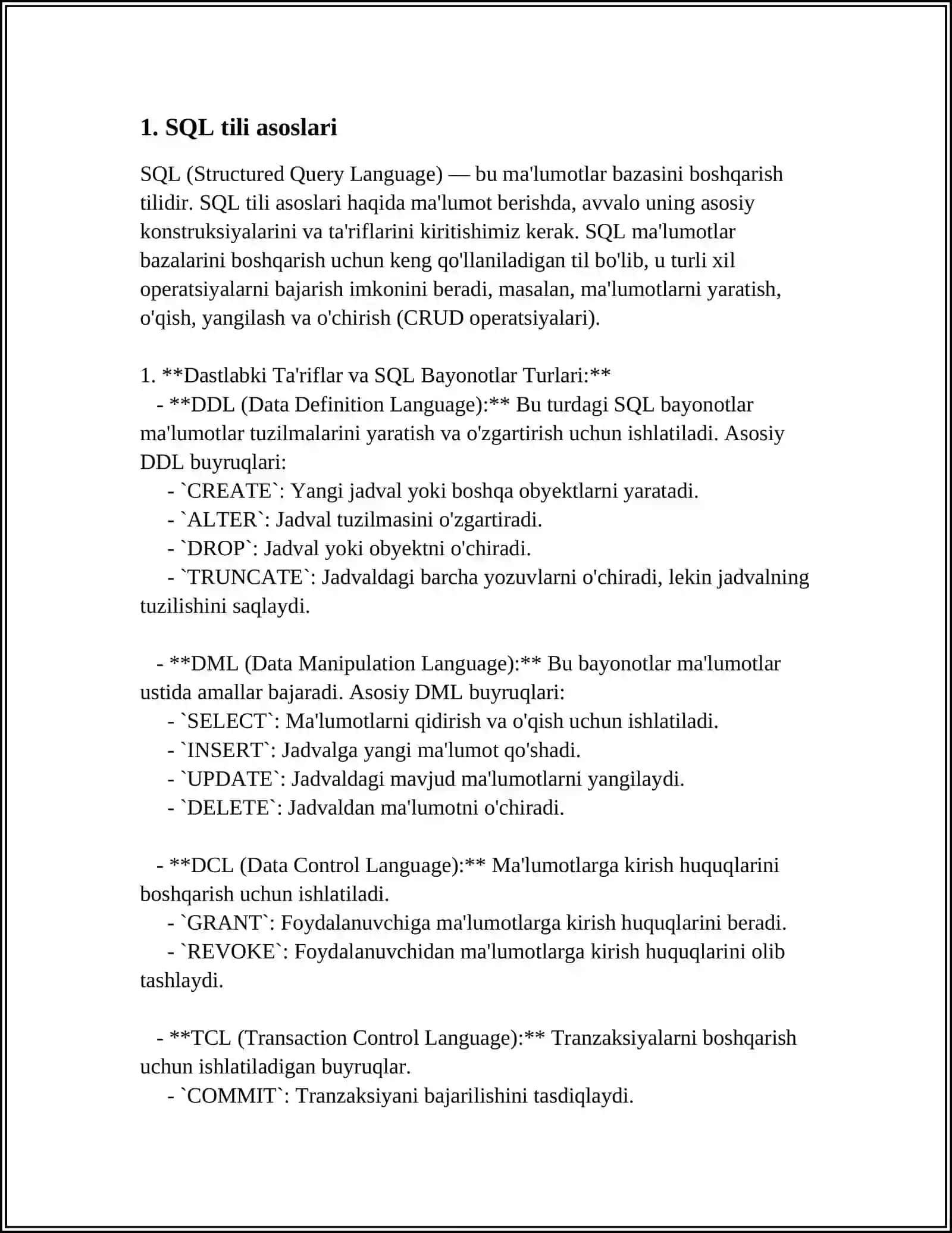 MA'LUMOTLAR BAZASIDA SQL TILI 4