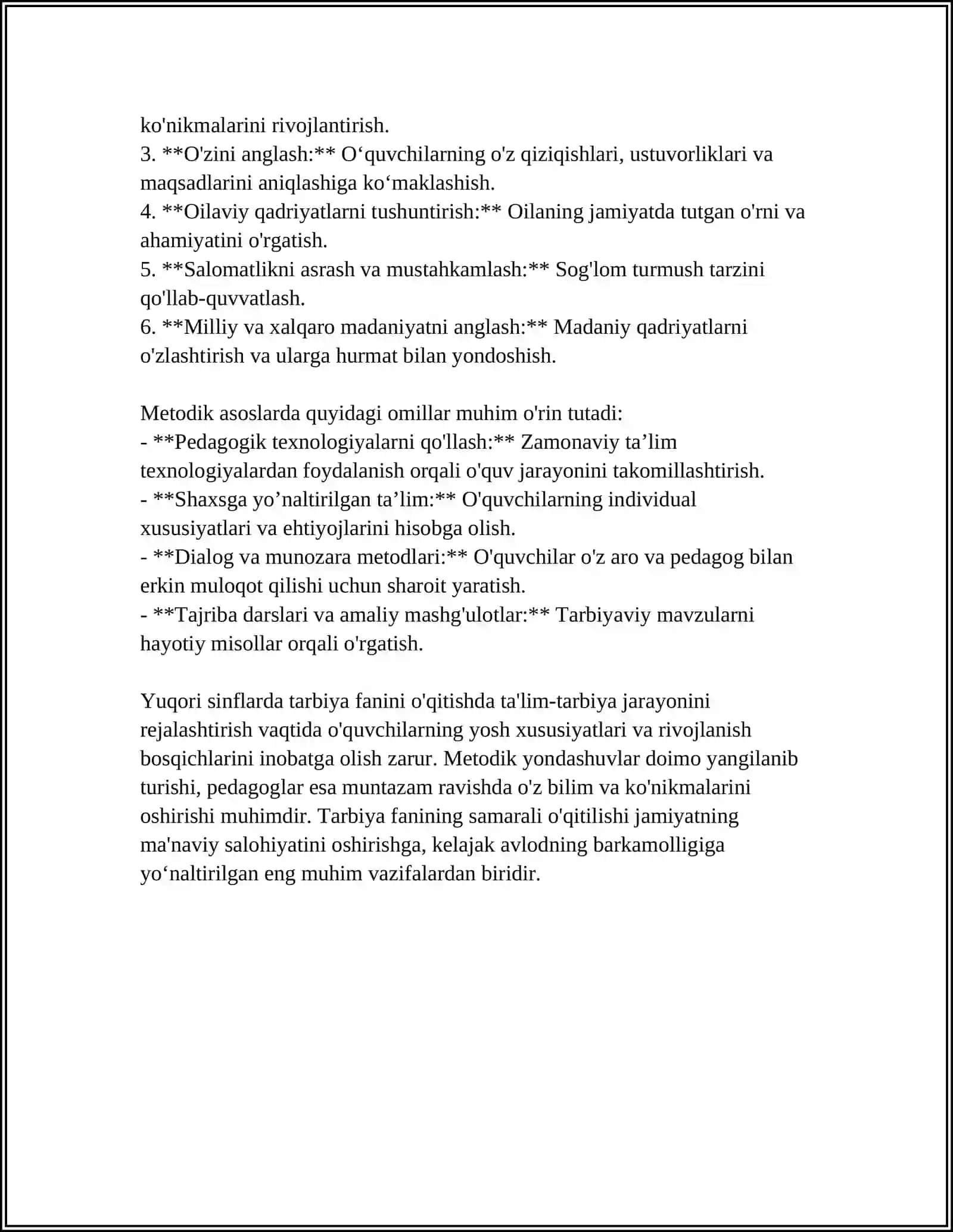 UMUMTALIM MAKTABLARI YUQORI SINFLARIDA TARBIYA FANINI O'QITISH METODIKASI 4