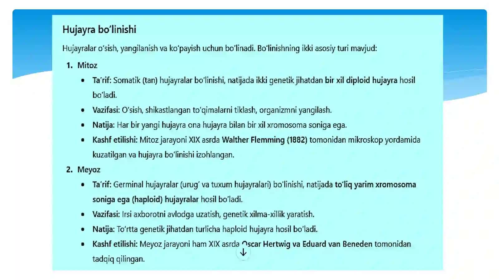 Safaraliyeva Mehriboning Tibbiy biologiyafanidan Hujayra ning meyotik bo‘linishi. Mitoz va meyozning patologiyasi. Meyozning biologikahamiyati 4