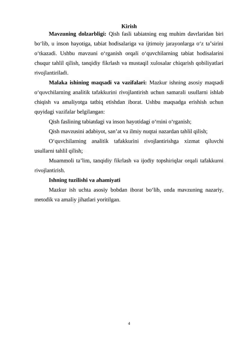 Qish faslining erkasi mavzusida o'quvchining analitik tafakkurini rivojlantirish usullari mavzusidagi MIKRODARS ISHLANMASI 4