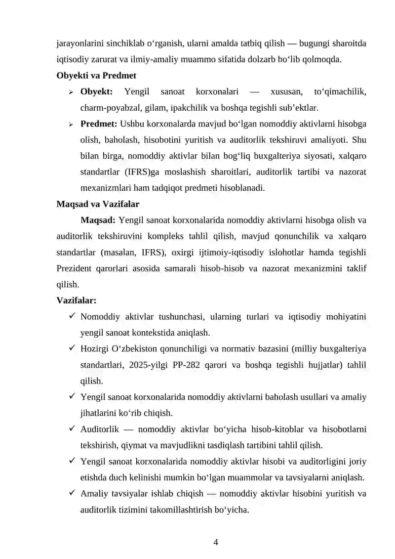 Yengil sanoat korxonalarida nomoddiy aktivlar hisobini yuritish va auditorlik tekshiruvi 4