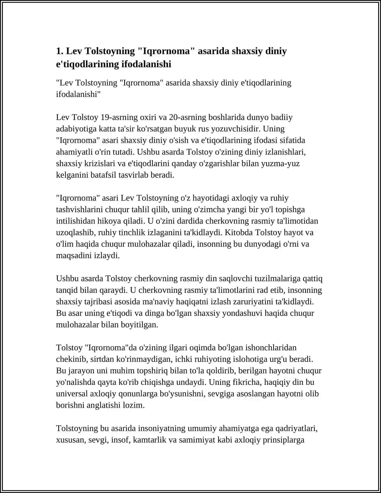 LEV TOLSTOYNING "IQRORNOMA" ASARIDAGI DINIY E'TIQODLARNI TAHLIL ETISH VA XULOSASI VA ADABIYOT HAM KERAK 4