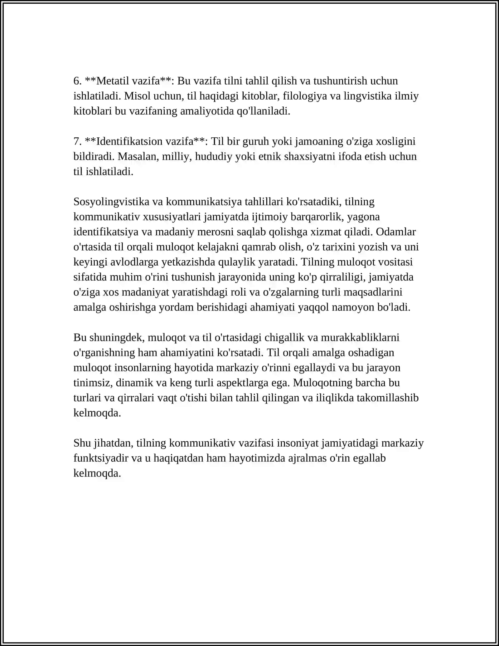 TILNING IJTIMOIY VAZIFALARI. R.O. YAKOBSON TOMONIDAN ILGARI SURILGAN TIL FUNKSIYALARI 4
