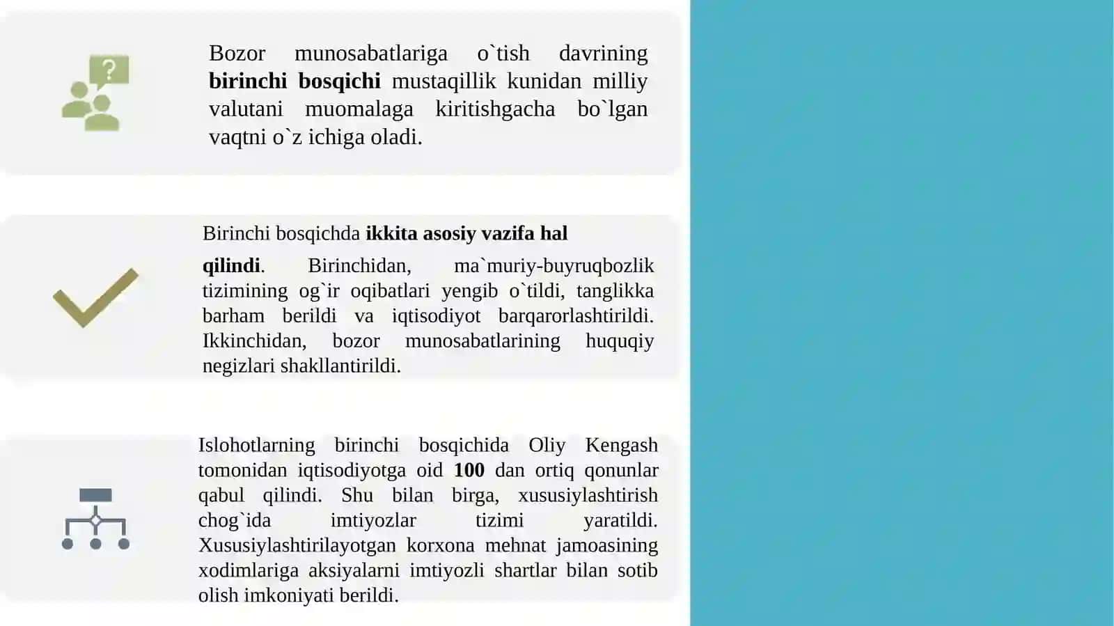 Iqtisodiy islohotlar, uning bosqichlari.O`zbekistonda bozor munosabatlariningrivojlanishi 4