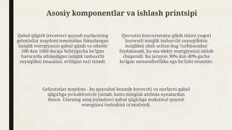 Quyosh issiqlik minorasining tuzilishi va ishlash mexanizm 4
