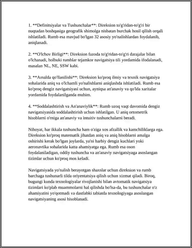 DIREKSION VA RUMB BURCHAKLARI ORASIDAGI MUNOSABAT 4